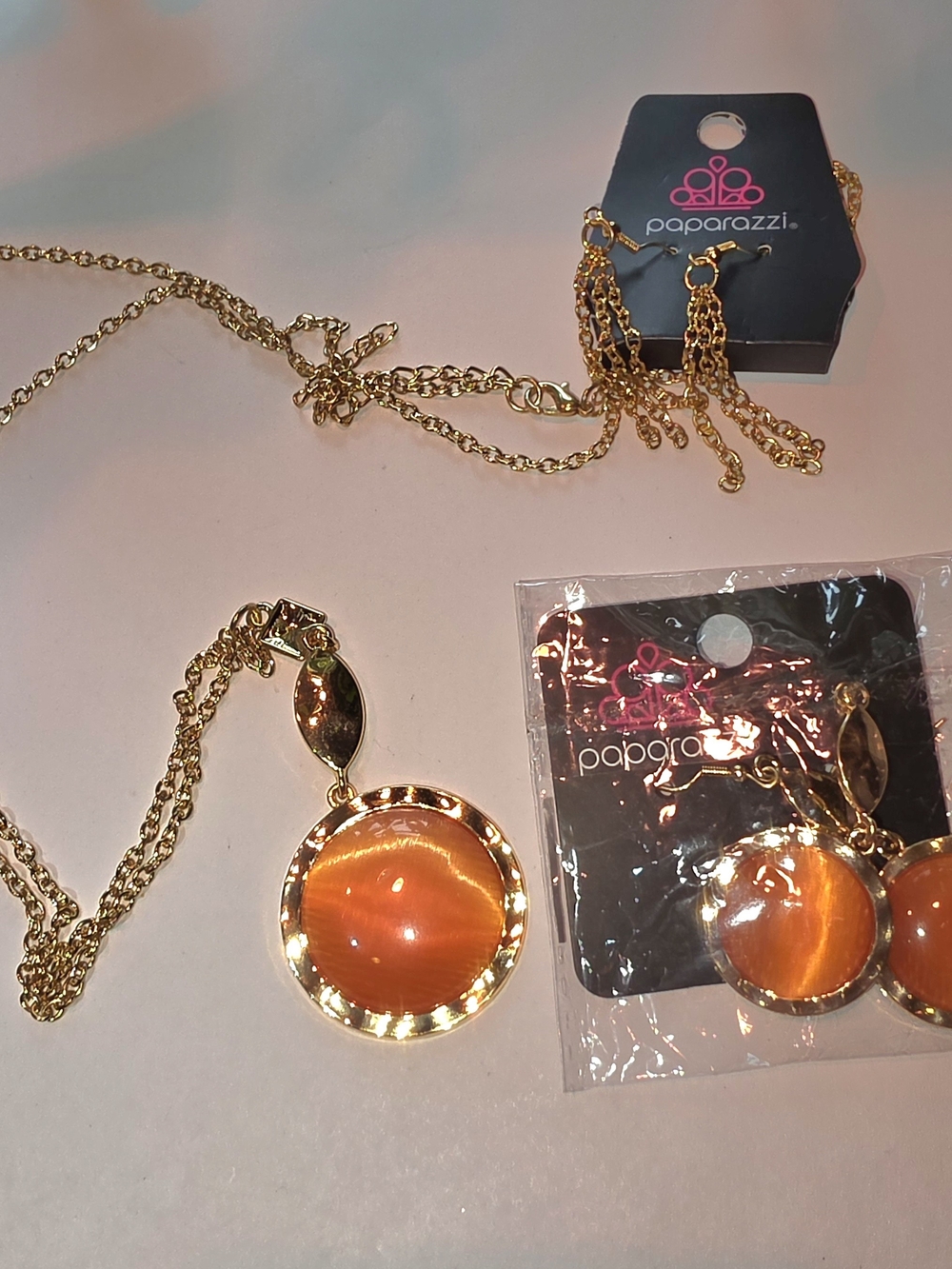 paparazzi Gold-Tone Necklace and Earrings - Orange Cabochon Accents